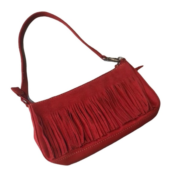NINE WEST Red Fringed Leather Suede Small Size Handbag Measurements Below NEW - Picture 10 of 14